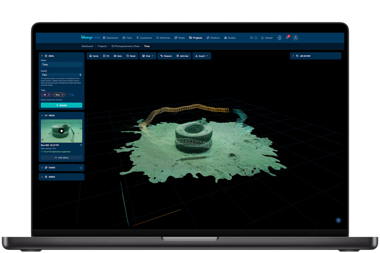 Three tires reconstructed on the seabed, with camera positions showing the drone path around them.
