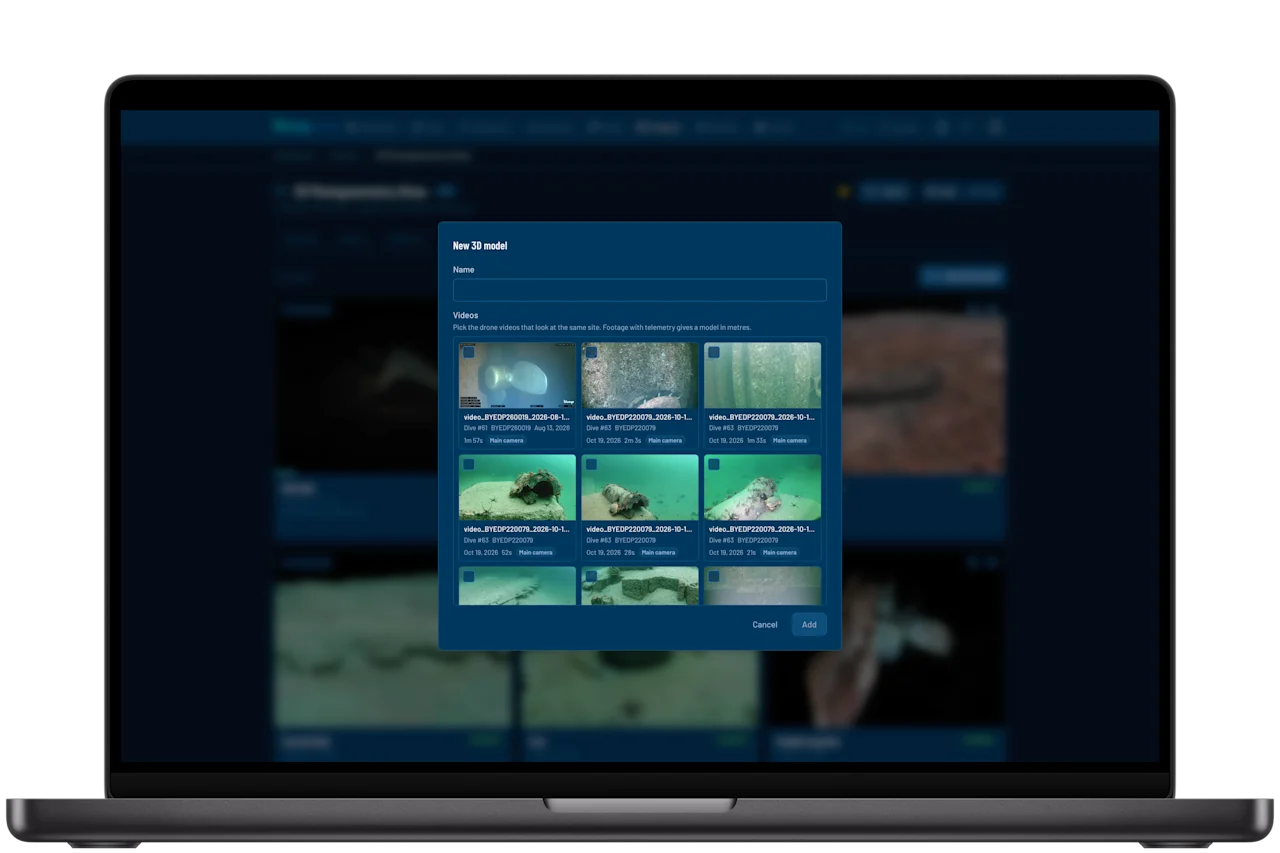 The New 3D model dialog in Blueye Cloud, with videos from the project available for selection.