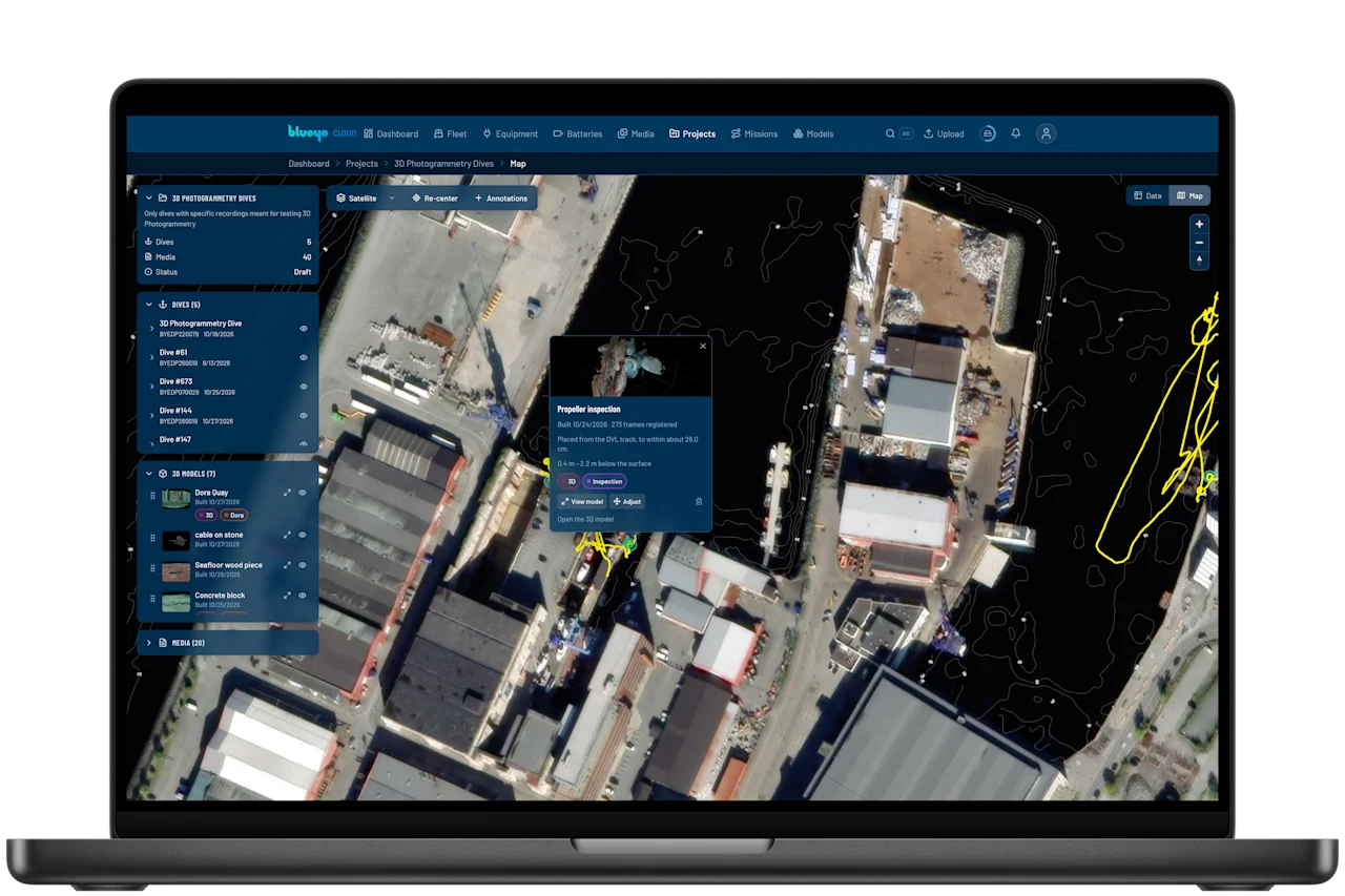 The Blueye Cloud project map with a callout open for the propeller inspection model.
