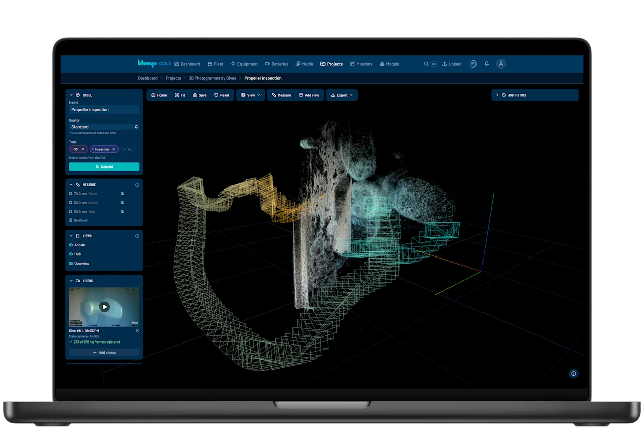 A propeller point cloud in Blueye Cloud with camera positions showing where the drone filmed the object.