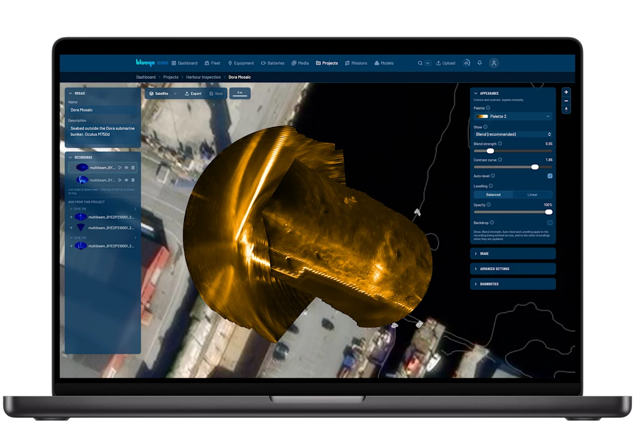 The Sonar Mosaic workspace in Blueye Cloud, with the project's multibeam recordings listed beside the mosaic on the satellite map