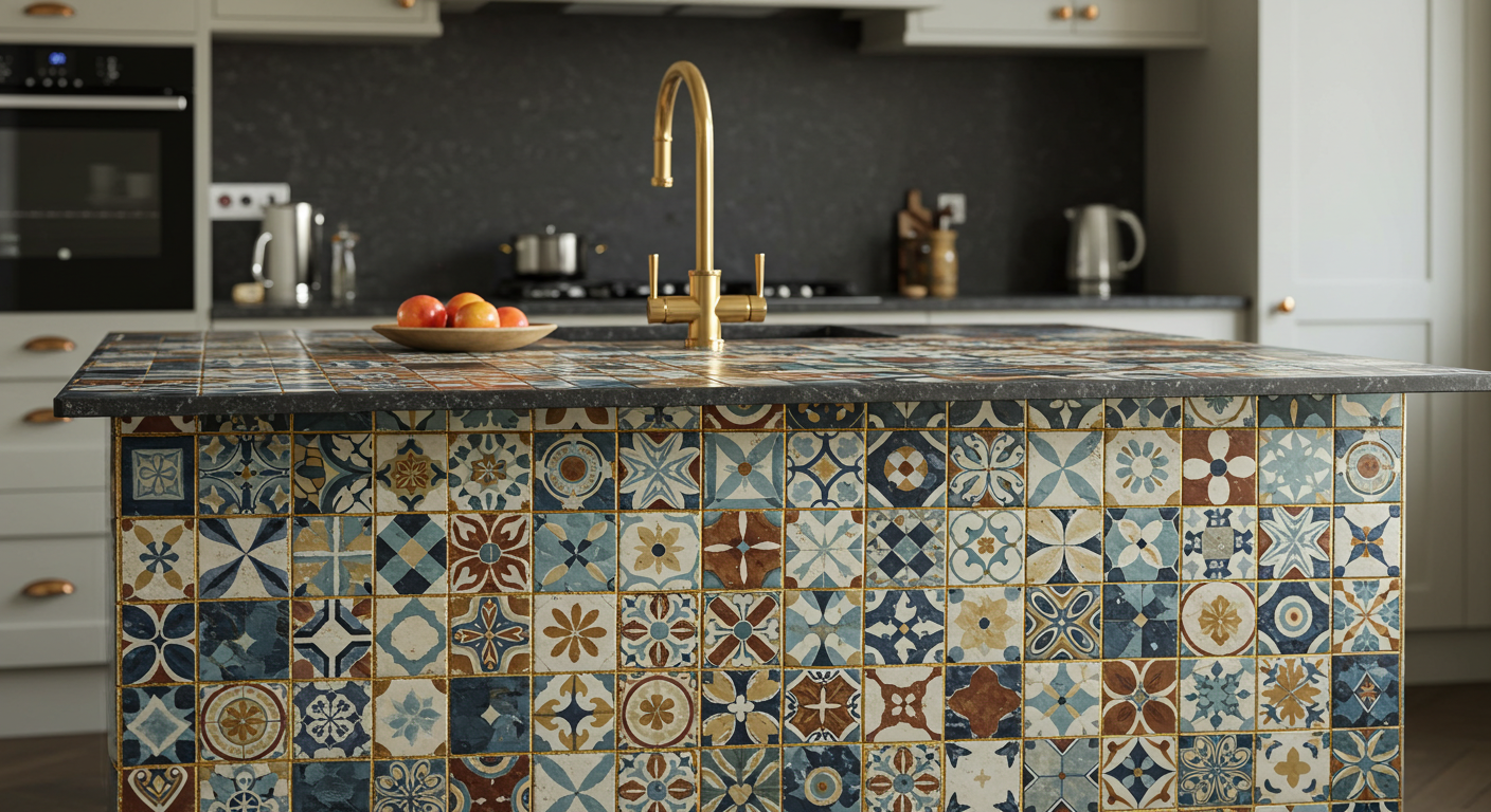 Kitchen Island with Patterned Mosaic Tiles and Gold Grout Finish