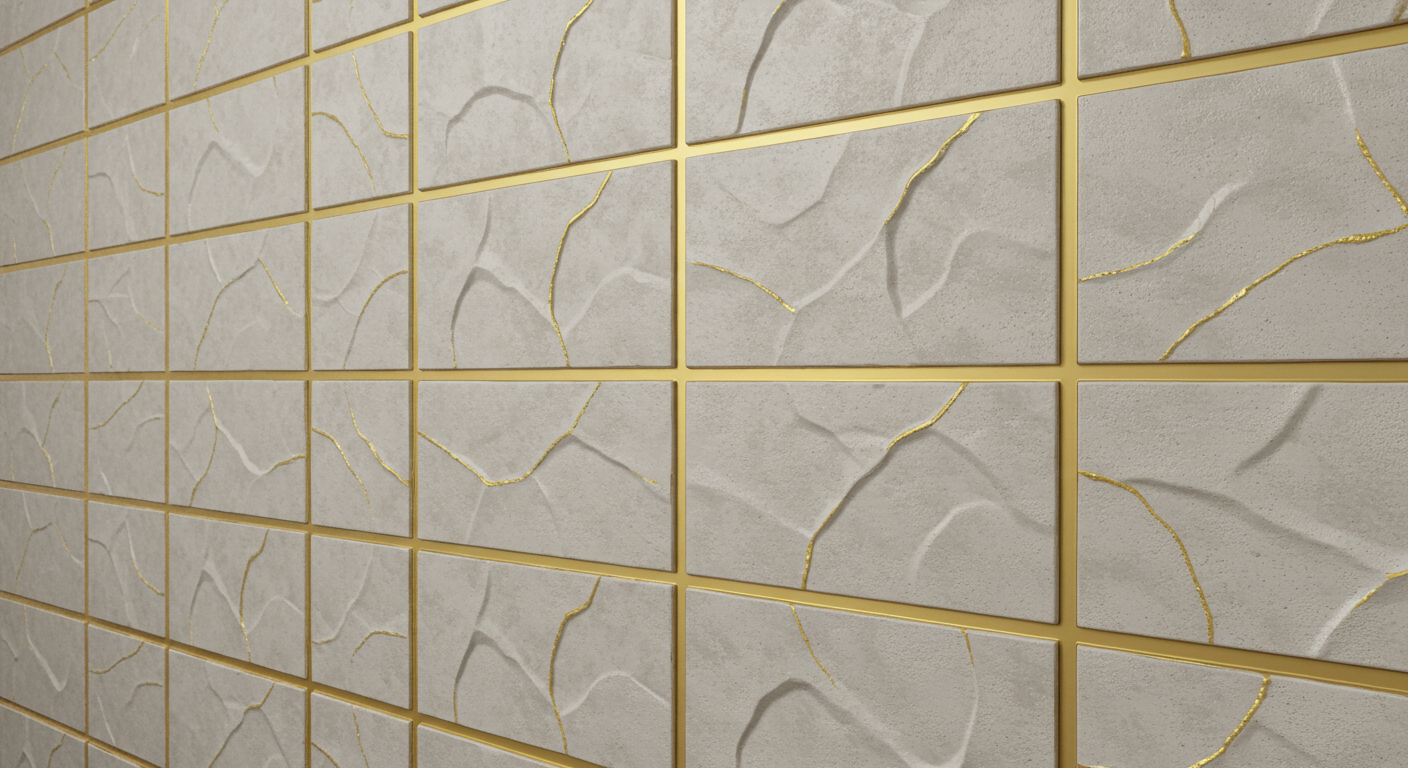 3D Textured Wall Tiles with Gold Grout and Etched Detailing