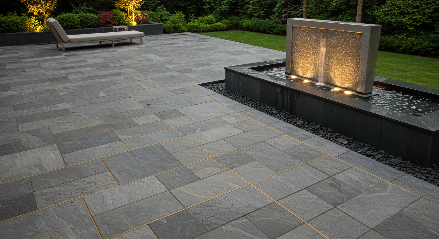 Outdoor Patio with Stone Pavers and Gold Grout Detailing by Water Feature