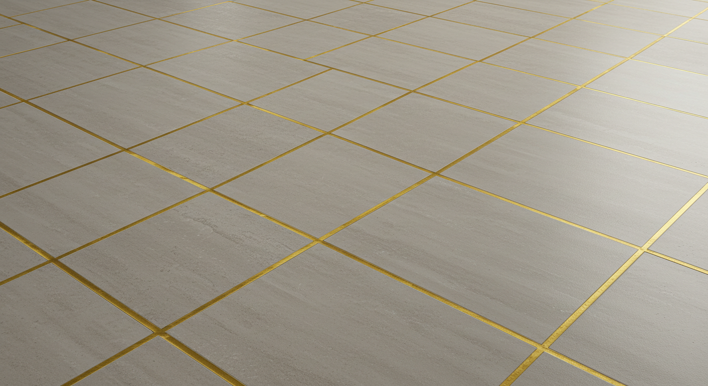 Matte Neutral Floor Tiles with Gold Grout Accents