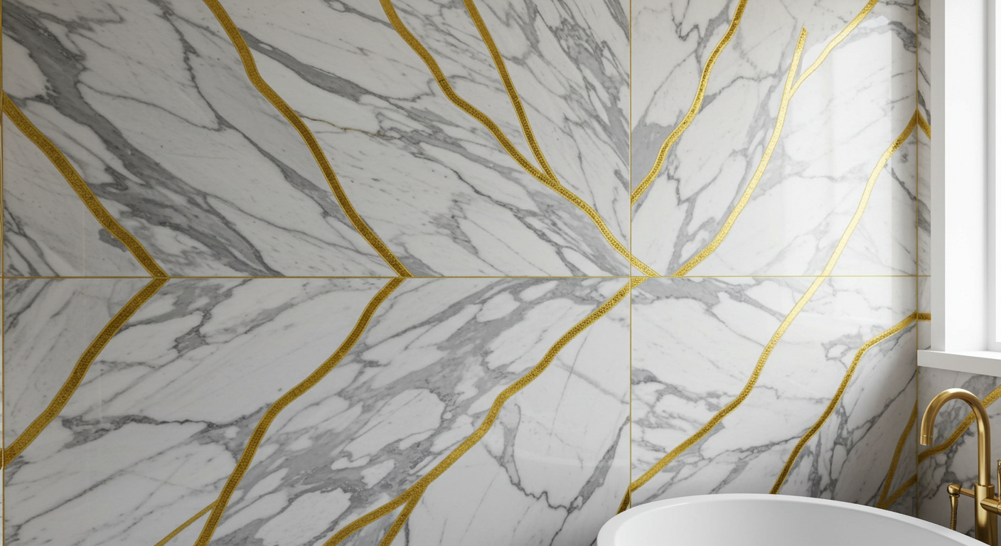 Marble Bathroom Wall with Gold Grout Detailing