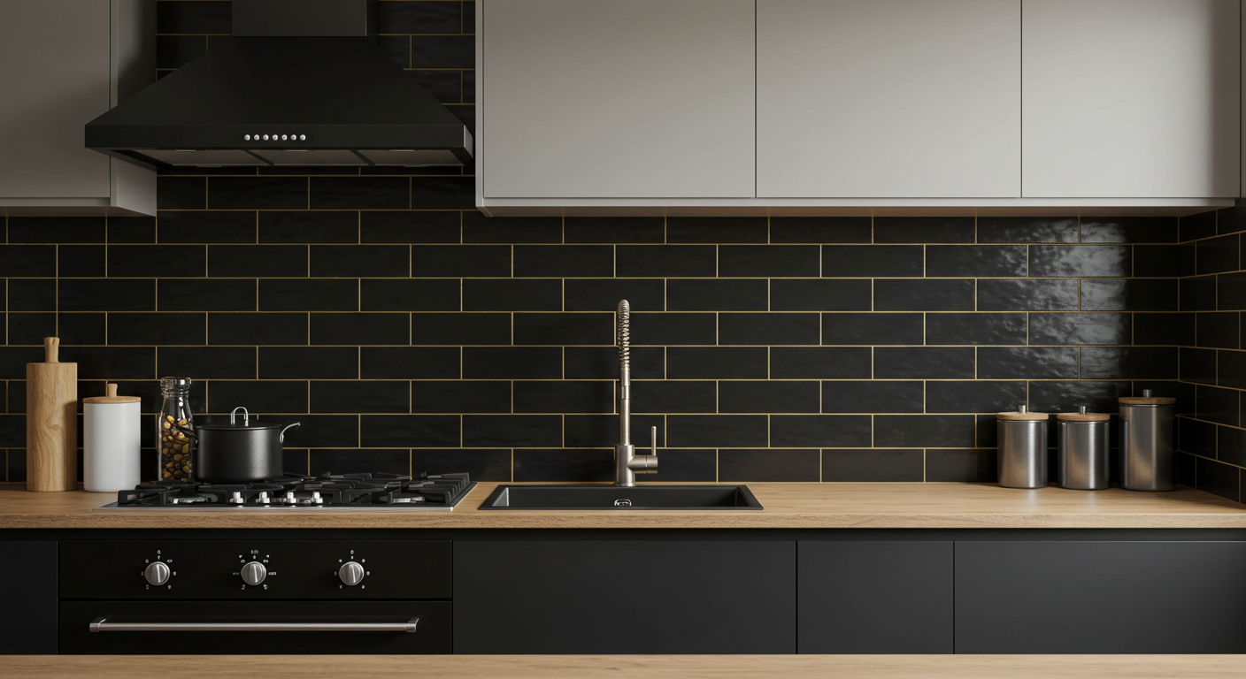 Modern Black Kitchen Backsplash with Gold Grout Lines
