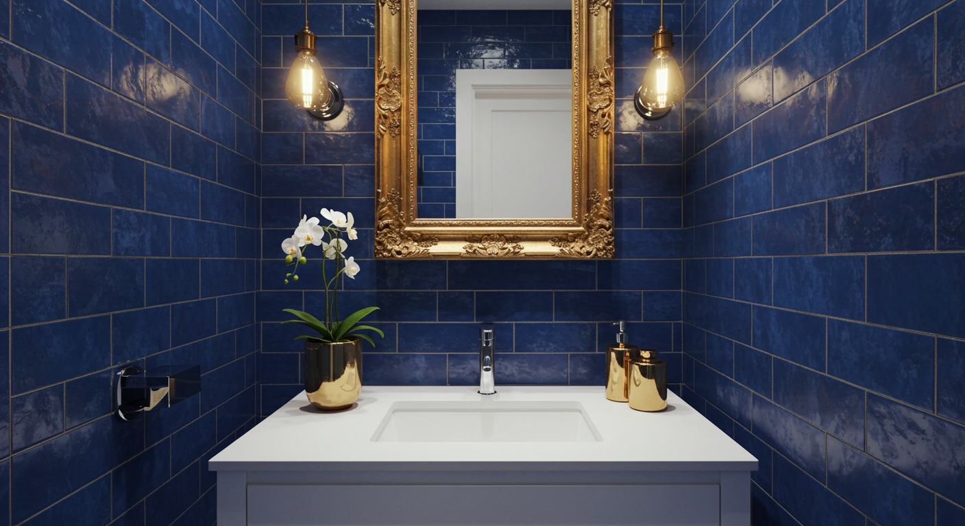 Powder Room with Deep Blue Porcelain Tiles and Gold Grout Lines