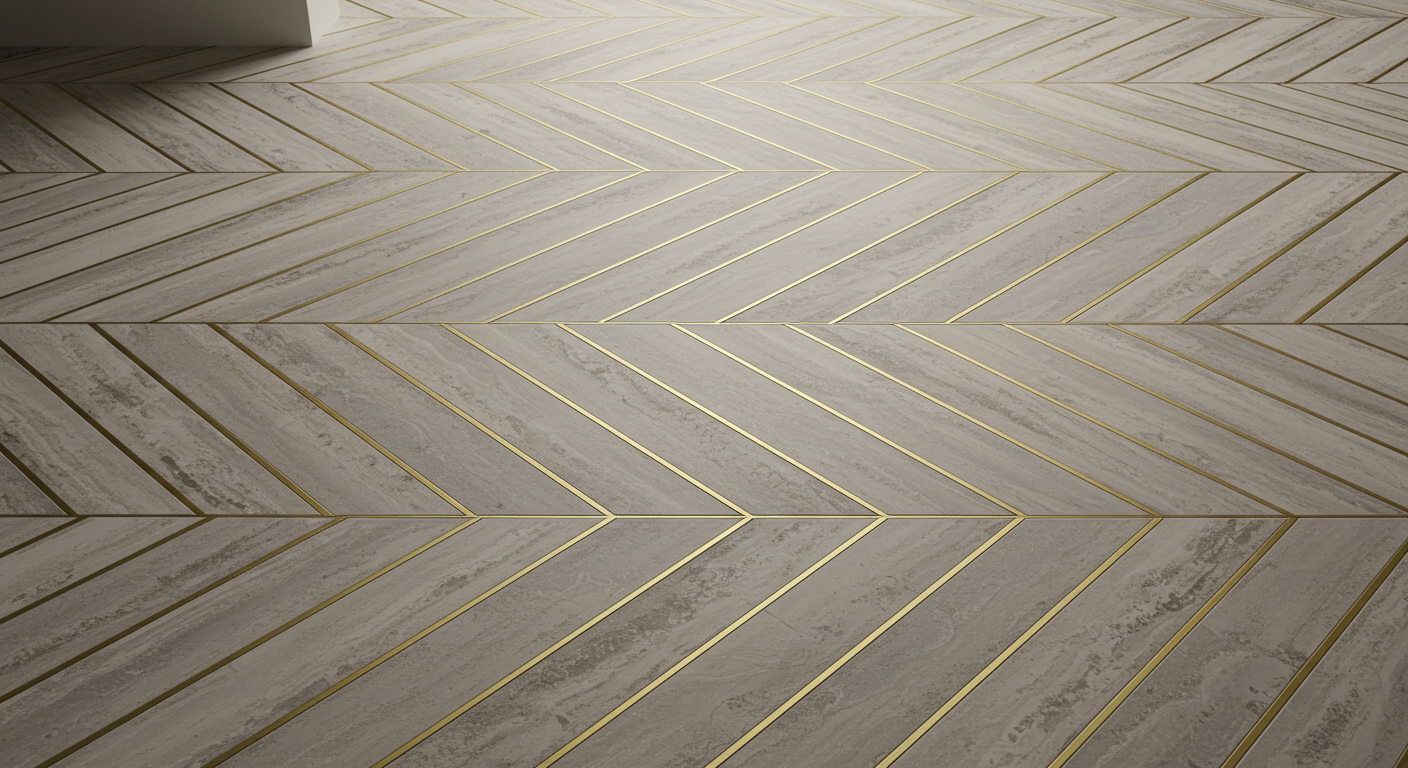 Herringbone Tile Floor with Gold Grout Accents