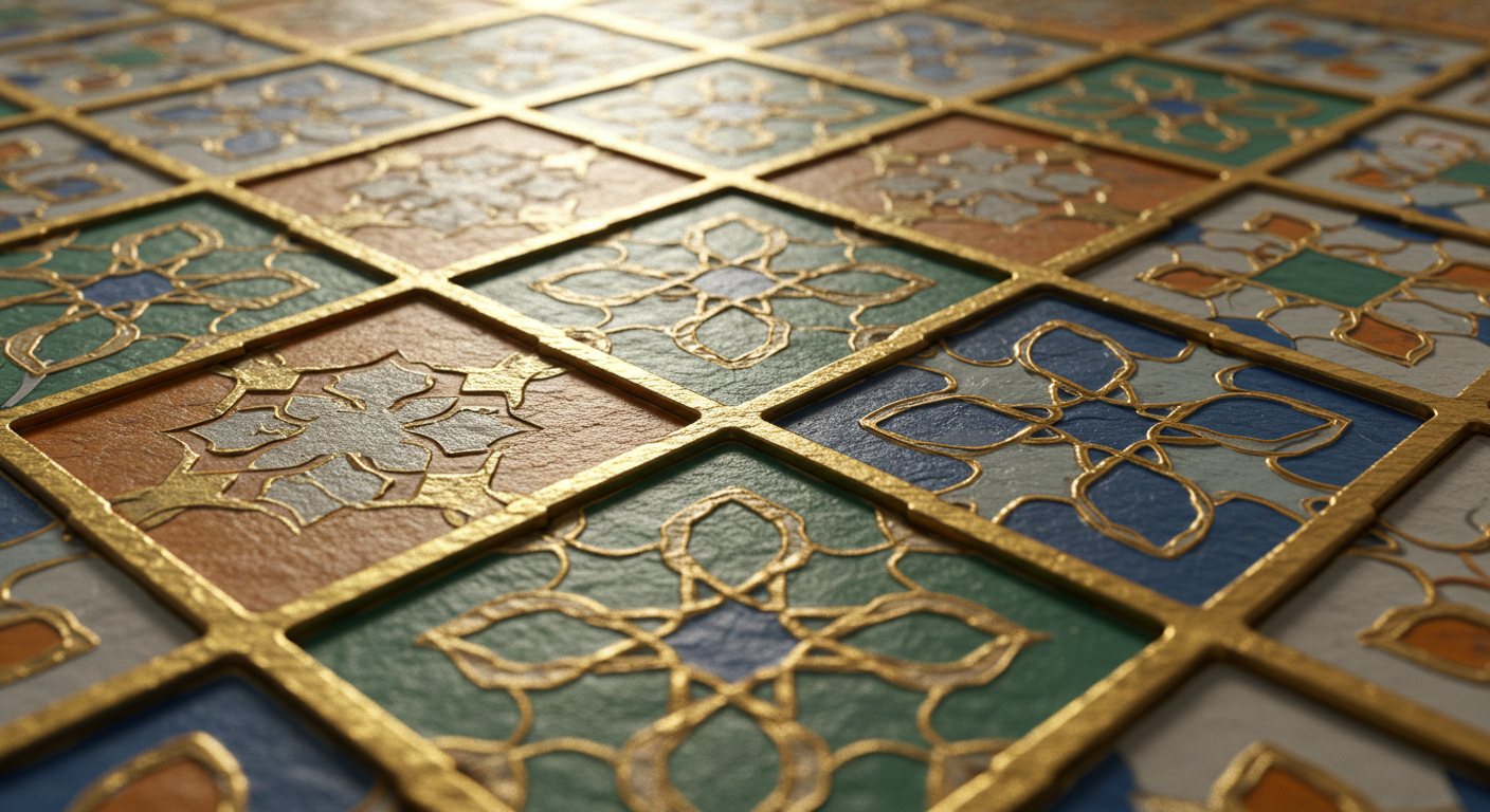 Moroccan-Inspired Decorative Tiles with Gold Grout Detailing