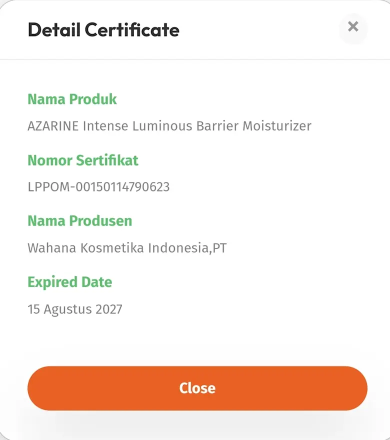 sertifikat halal moisturizer intense luminous