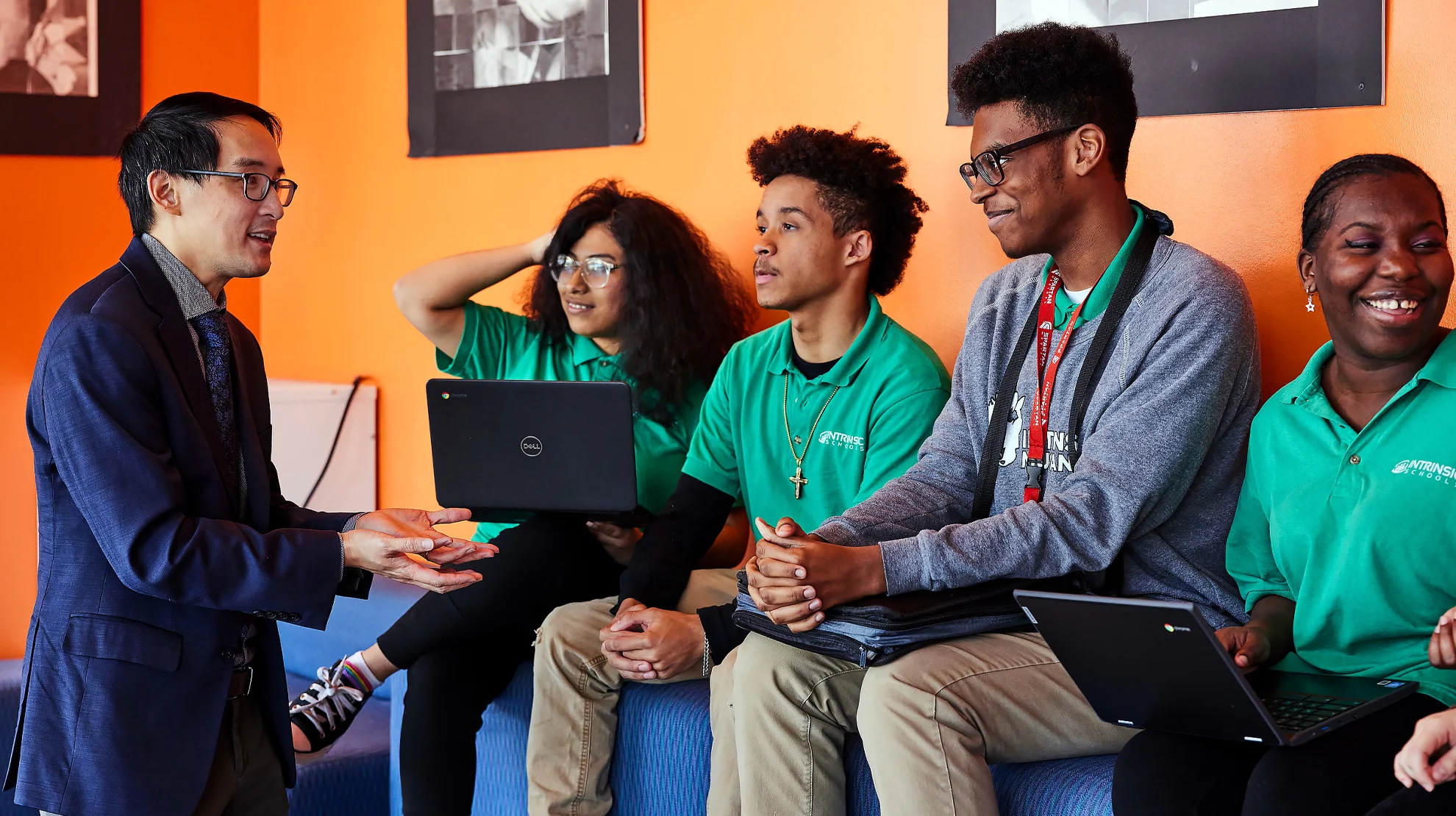 Assistant Principal Chris Lin with students at Intrinsic Schools, Belmont Campus