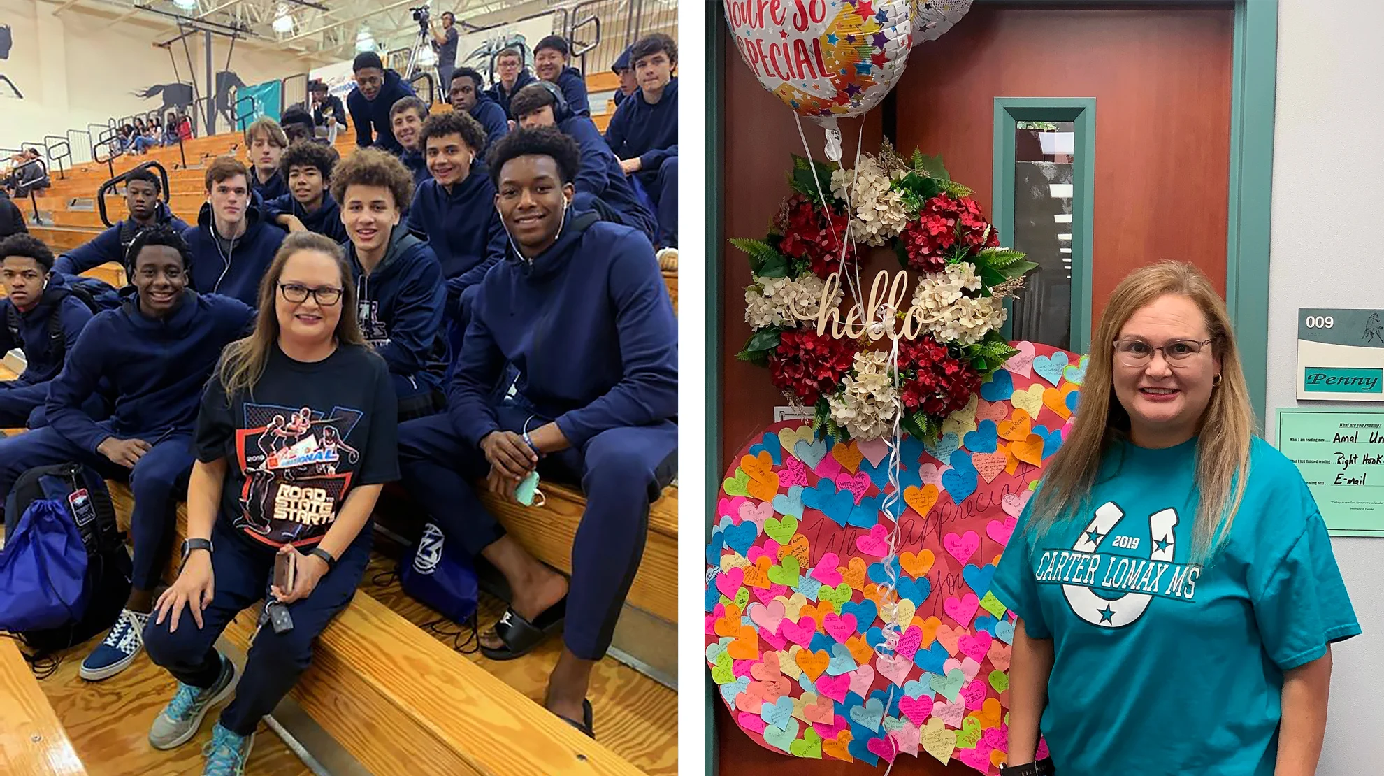 Principal Norma Penny supporting students at a basketball tournament and having her office door decorated by colleagues in celebration of National Principals Month.
