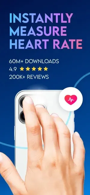 A hand touches a smartphone's camera, showing a heart rate app icon. Text: "Instantly Measure Heart Rate, 60M+ downloads, 4.9 stars, 200K+ reviews."