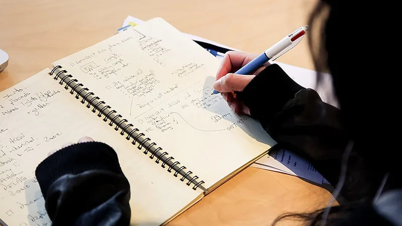 over the shoulder of girl studying