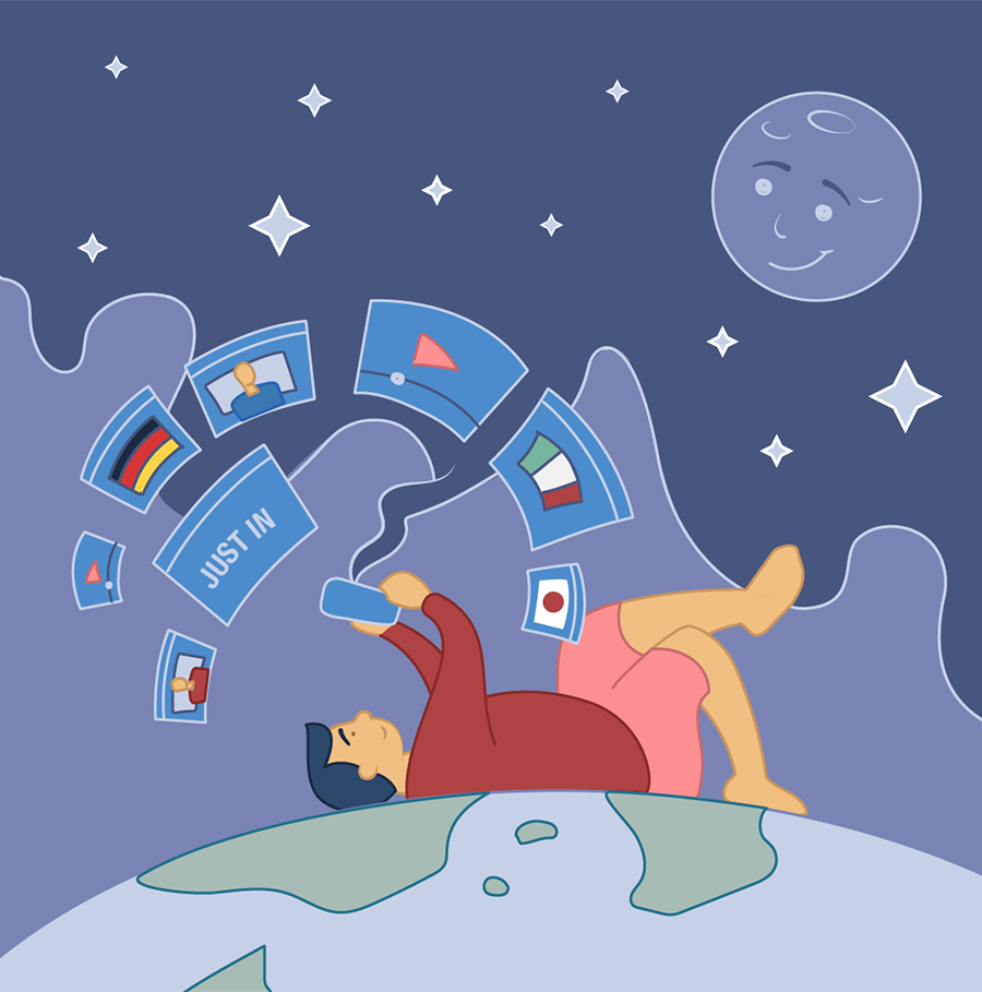 Illustration of young person lying on top of the world and looking at different news sources on their phone. Screens surround them in the sky showing different world flags and news iconography like a headline that reads 'JUST IN' and a YouTube play button icon.