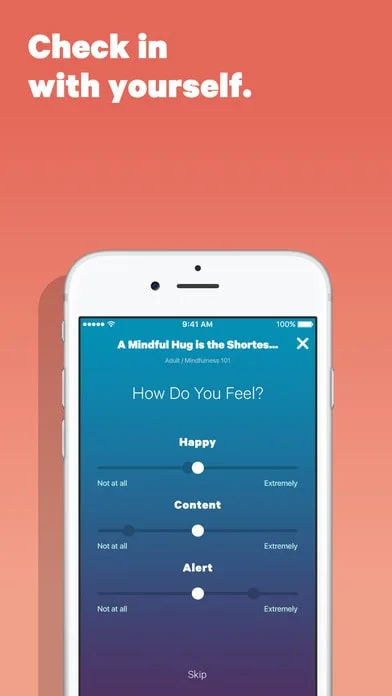 A phone app interface asking user to rate their mood after a meditation practice. Text reads: "Check in with yourself".