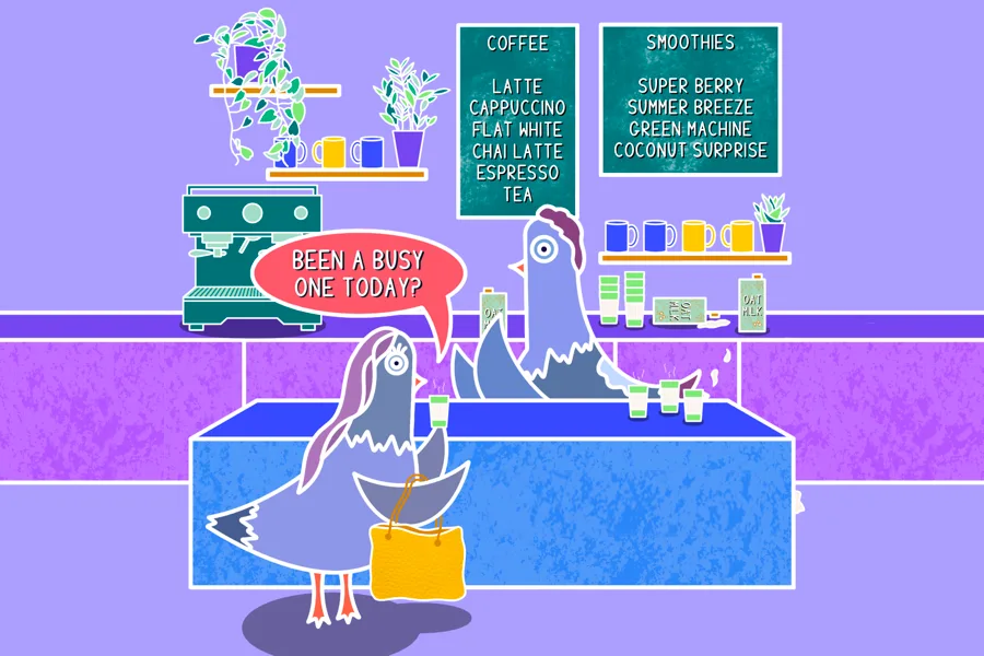 A pigeon character is at a cafe ordering coffee and is making small talk with the barista pigeon.