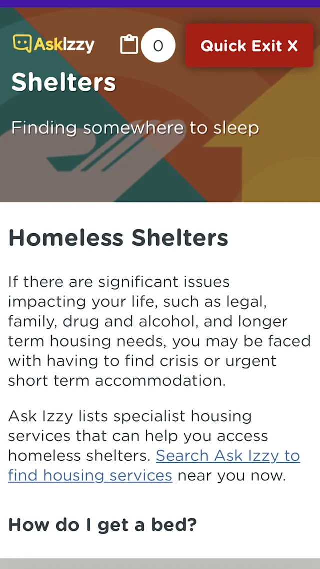 AskIzzy shelter page explains how to find somewhere to sleep and accessing homelessness housing services.