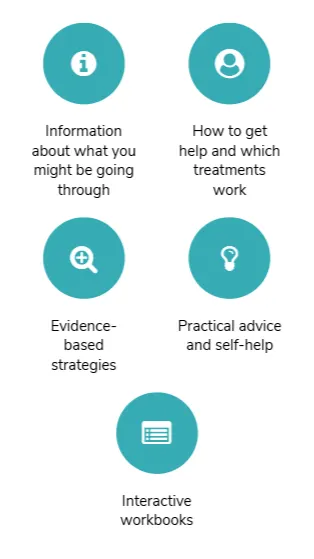 e-couch icons highlight five key elements of the program: information about what you're going through, treatment guidance, evidence-based strategies, practical self-help advice, and interactive workbooks.