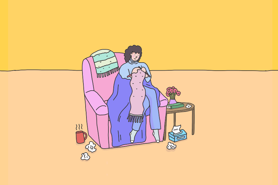 a cartoon image of a sick person person knitting on their armchair