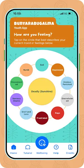 Mobile app screen showing a colourful mood wheel with options like sad, rage, and anxiety. Text reads: 'How are you feeling? Tap on the circle that best describes your current mood or feelings below.