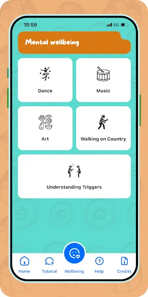 Mobile app screen shows mental wellbeing activities such as dance, music, art, walking outdoors, and understanding triggers.