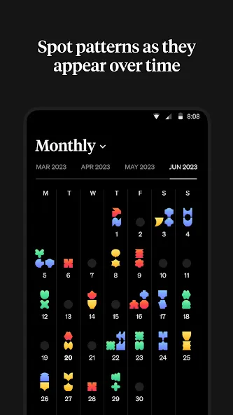Mobile app shows a phone calendar filled with colourful symbols on dates. Text above reads: “Spot patterns as they appear over time.”