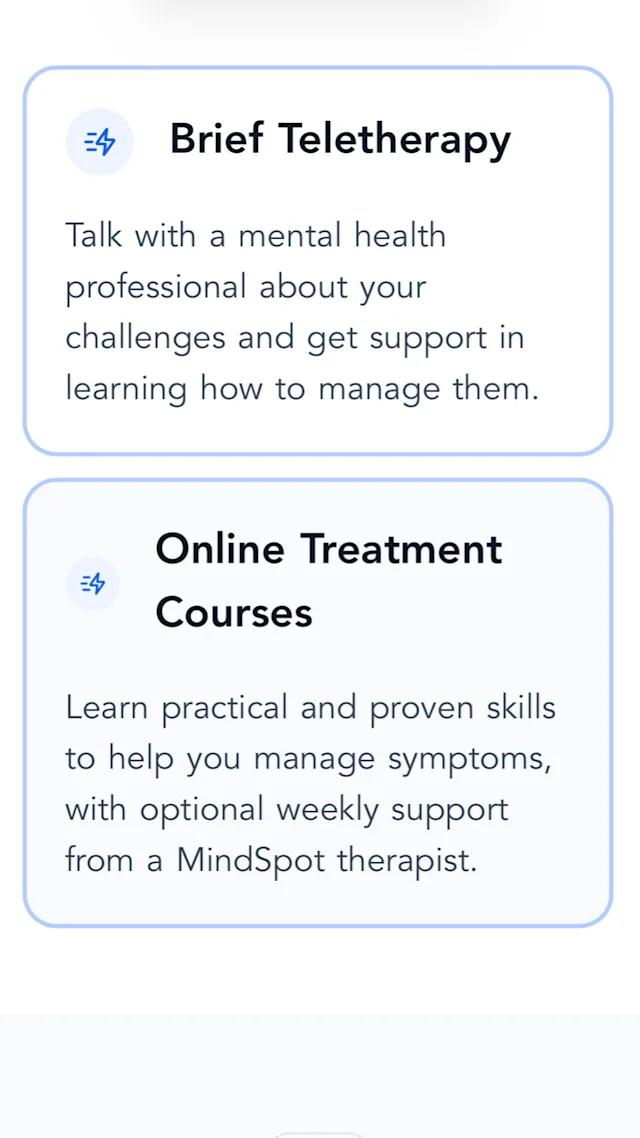 Screenshot of MindSpot website promoting brief teletherapy and online treatment courses.