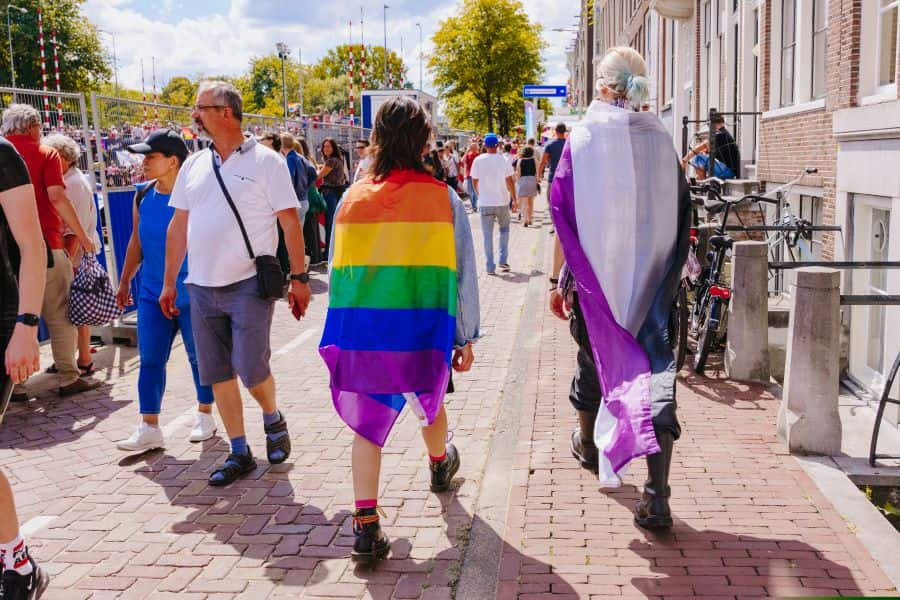 two young people walking down the street, one with a pride flag and the other with an ace flags wrapped around them like capes.