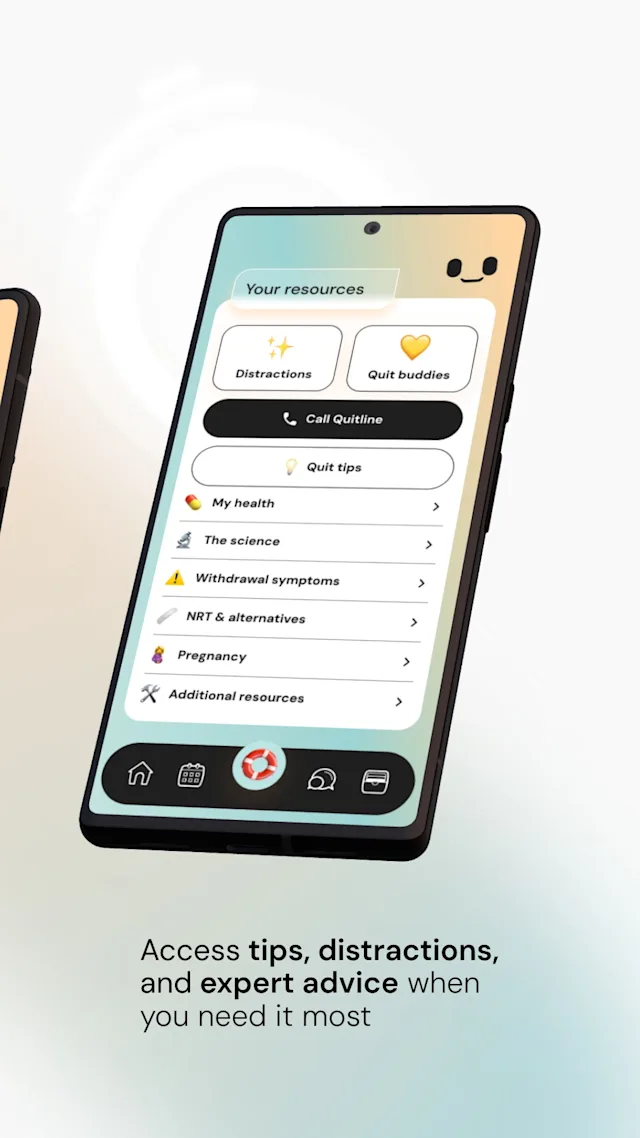 Smartphone screen displaying a quit-smoking app interface with sections for 'Distractions,' 'Quit buddies,' and health resources. Text above reads: 'Access tips, distractions and expert advice when you need it most'.
