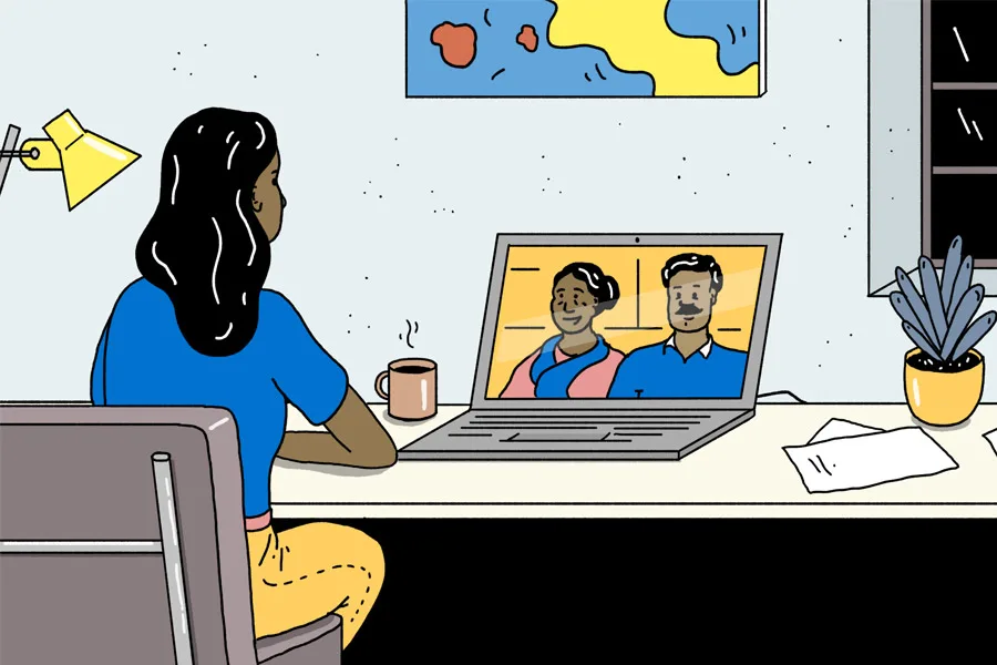 Harmony Day cartoon girl using laptop to talk with overseas relatives