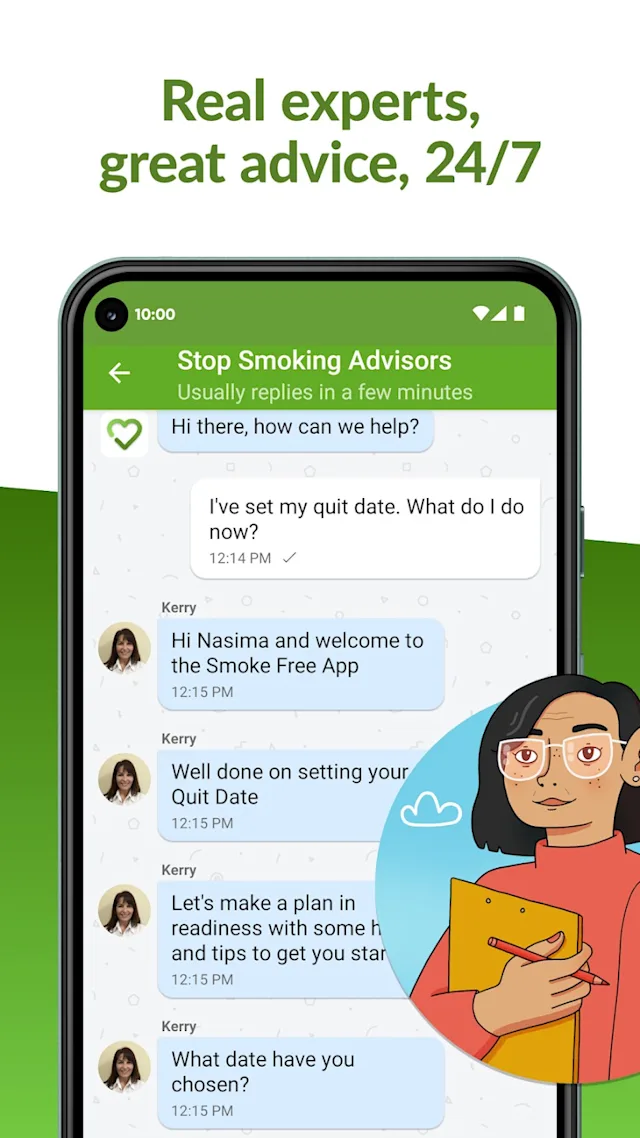Screenshot of a chat with Stop Smoking Advisors. Messages offer support and advice on quitting smoking. Text above reads, "Real experts, great advice, 24/7."