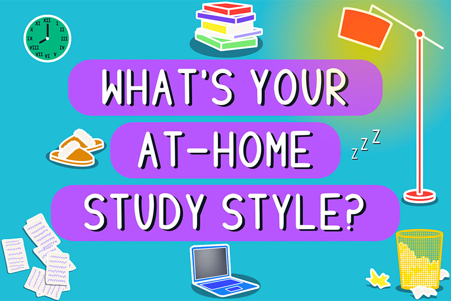 Illustrated thumbnail that shows the quiz title 'WHAT'S YOUR AT-HOME STUDY STYLE' surrounded by home study items like a lamp, a bin full of paper, books and a laptop.