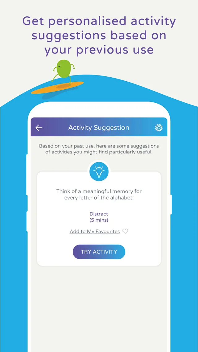 App interface with personalised activity suggestions, displaying a prompt: "Think of a meaningful memory for every letter of the alphabet." Text above reads: 'Get personalised activity suggestions based on your previous use'. 