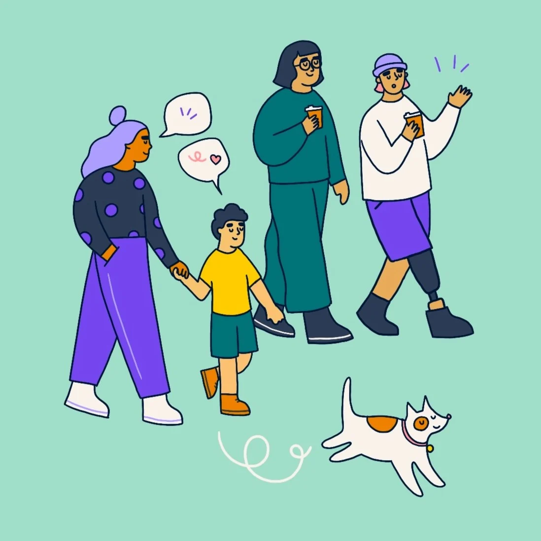 Illustration of two parents and two kids walking with a dog and chatting joyfully.