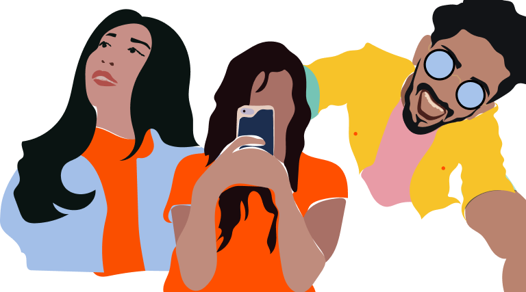 parent's guide to insta graphic illustration of three people, the one in the middle with a mobile phone.