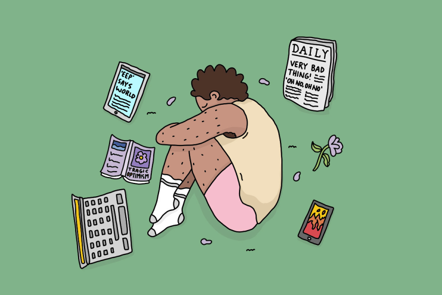 a cartoon image of a person curled up on the ground. around them lies a newspaper, a flower, a phone with a picture of a fire on it, a laptop, a tablet, and a book