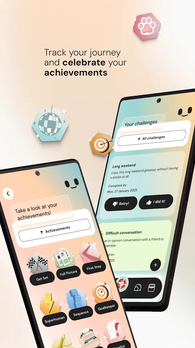 Two smartphone screens display the My QuitBuddy app. The left screen shows colourful icons for achievements. The right displays challenge details. Text above reads: 'Track your journey and celebrate your achievements'.