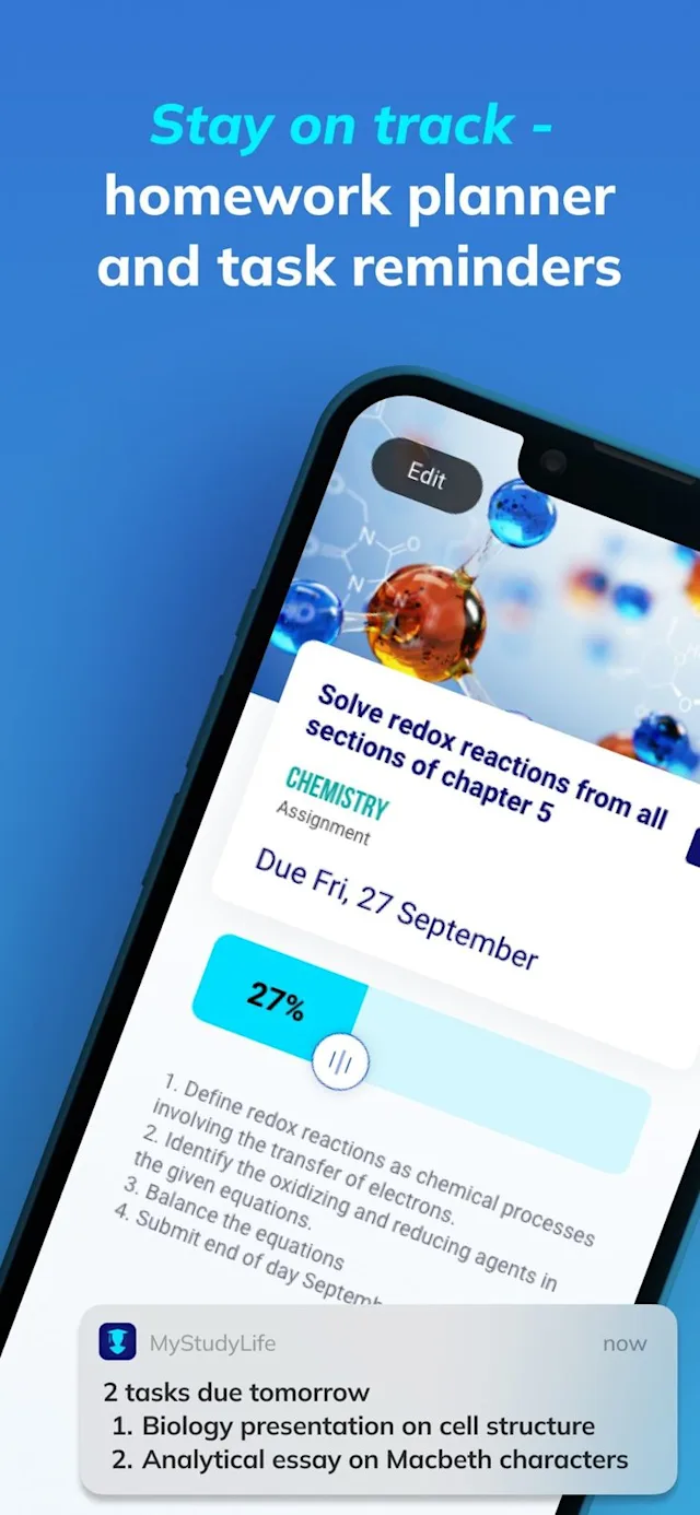 App interface showing a homework planner app with a chemistry assignment due date. A notification lists tasks on biology and Macbeth essays. Text above reads: 'Stay on track - homework planner and task reminders'