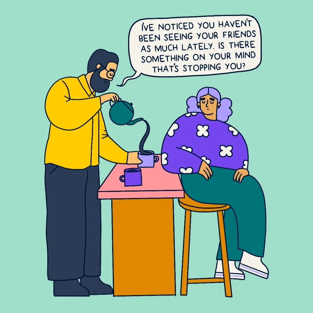Illustration of father pouring a cup of tea for a seated teen. A speech bubble from the parent reads: 'I've noticed you haven't been seeing your friends as much lately. Is there something on your mind that's stopping you?'
