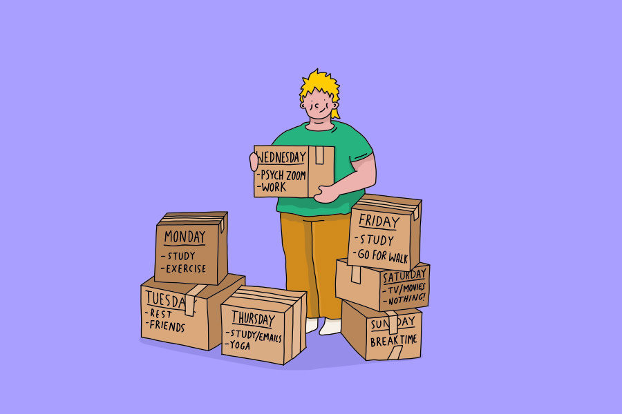 An illustration of a young person organising moving boxes. From left to right, the boxes are labelled:

Monday: Study, exercise
Tuesday: Rest, friends
Wednesday: Psych zoom, work
Thursday: Study/emails, yoga
Friday: Study, go for walks
Saturday: TV/movies, nothing!
Sunday: Break time