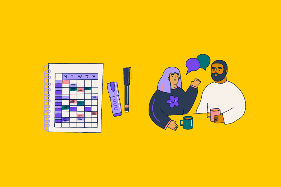 An illustration of a study schedule with a pen and highlighter, and a young person chatting to their parent while they drink tea.