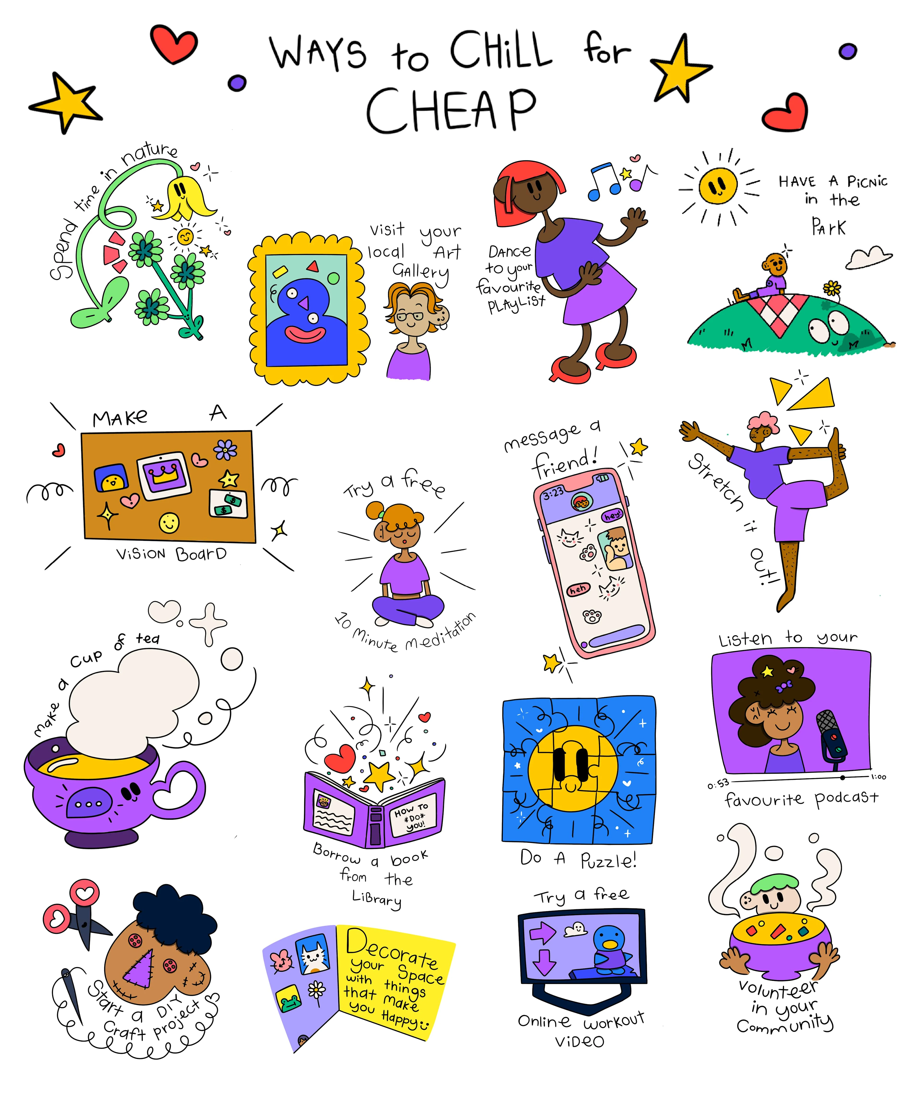 Infographic called 'Ways to chill for cheap'. A transcript can be downloaded below.