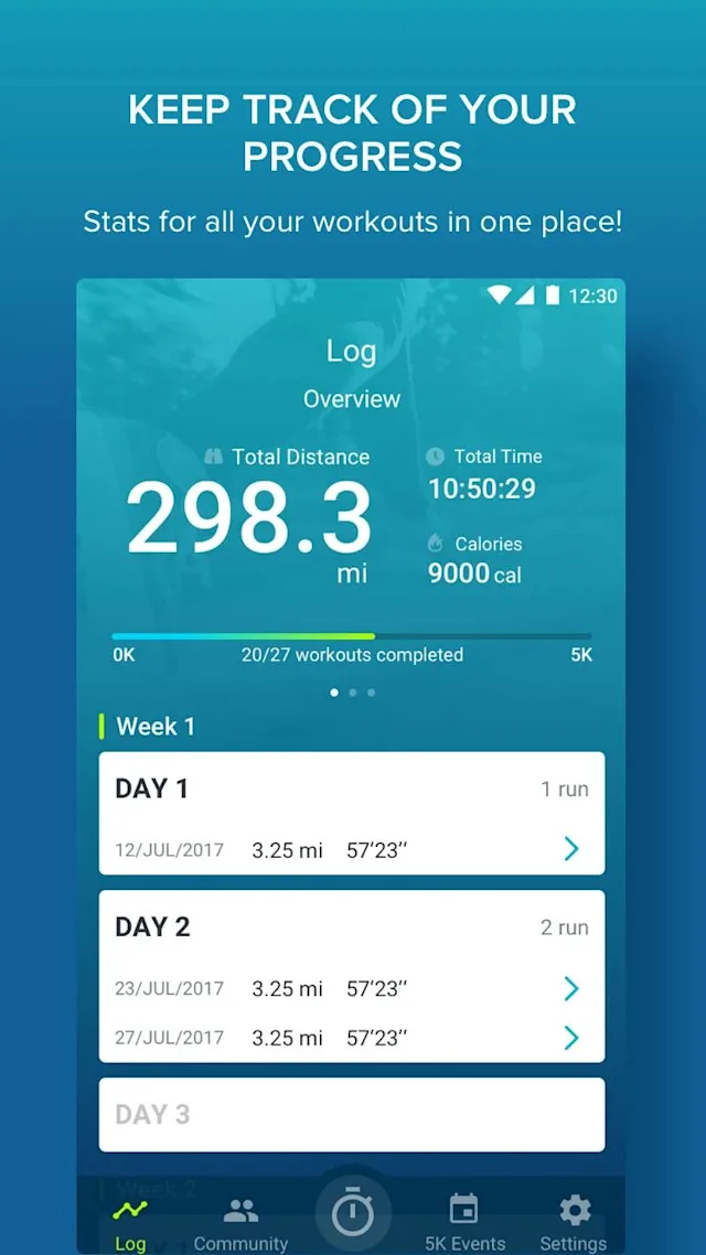 Fitness app progress screen logging weekly workout log. Text at top reads: 'Keep track of your progress.  Stats for all your workouts in one place'.
