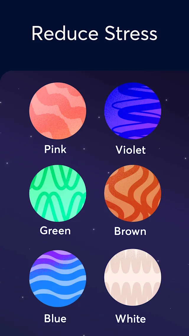 Phone display with six sleep meditations labelled by colour: Pink, Violet, Green, Brown, Blue, White. Text at top reads "Reduce stress." 