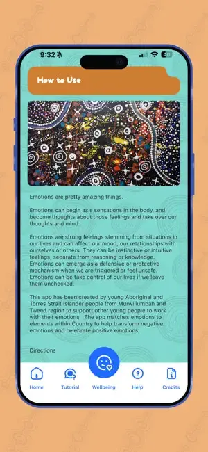 Mobile app screen shows information about emotions and the history of the app's development by young Aboriginal people from the Murwillumbah and Tweed region.