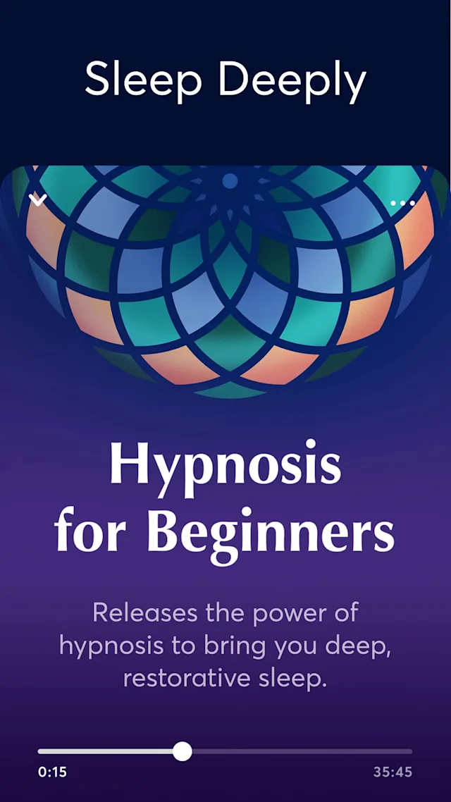 Phone display showing audio player labelled 'Hypnosis for beginners. Releases the power of hypnosis to bring you deep, restorative sleep'. Text at top reads 'Sleep Deeply'  