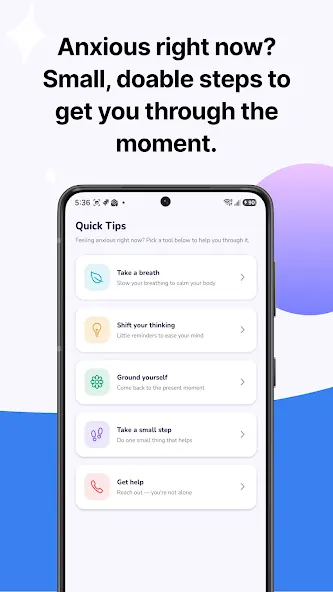 Mobile app screen shows quick tips for breathing, grounding, and shifting your thinking. Text above reads: 'Anxious right now? Small, doable steps to get you through the moment.'