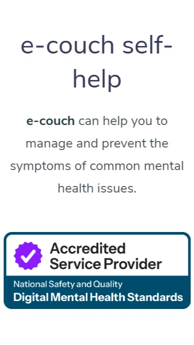 e-couch website section explains that e-couch self-help can manage and prevent common mental health symptoms, with an accreditation badge below.